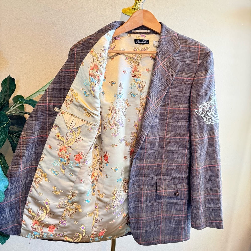 Edward Dada Men S Brown Plaid Wool Blazer, Crown Embroidery Ornate Dragon Lining